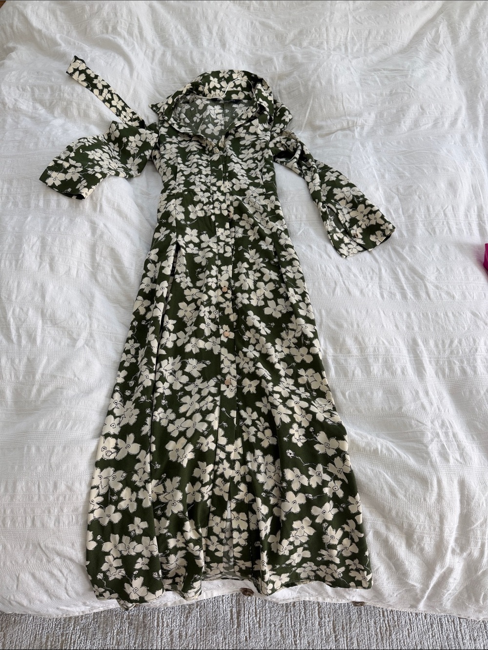 ZOlive Green Floral Maxi Dress with White Blossom Print
